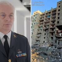 Överstelöjtnant Joakim Paasikivi till vänster. Förstört bostadshus i Odessa till höger.