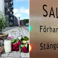 Tvådelad bild med blommor på en gata i Lundby i Göteborg och en skylt i Göteborgs tingsrätt som det står ”sal 11” på.