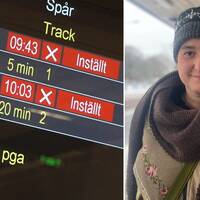 Bild på en tågtidtabell med text om inställda avgångar, samt en bild på en kvinnlig resenär på en tågperrong som tittar in i kameran.