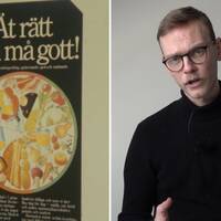 Till vänster en bild på en skylt där det står ät rätt och må gått, till höger en bild på reportern Anton Johansson.