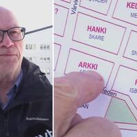 Terje Raattamaa, ordförande i Svenska kväner-lantalaiset, och en karta på nya gatunamn i Kiruna.