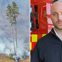 Arkivbild på skog som brinner och en bild på räddningschefen Rutger Ekbran