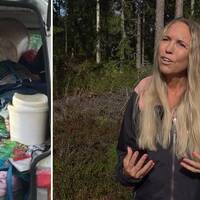 Till vänster: Påsar med bär lastade i en skåpbil. Till höger: Bild på Eva Norlin som står i skogen.