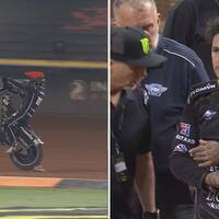 Speedwaymotorcykel som stegrar innan olycka och en bild på speedwaystjärnan Tai Woffinden efter olyckan där han stödjer sin brutna arm.