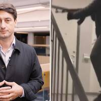 SVT:s kriminalreporter Diamant Salihu. Till höger en bild på en anonym person som håller i ett vapen i en trappuppgång.