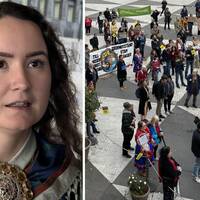 Demonstrationer på Sergels torg mot gruvetableringarna där Sara-Elvira Kuhmunen var en av talarna.