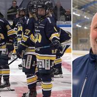 En bild på HV71 Dams spelare som står på isen och en bild på Ulf Hall som står framför en isrink.