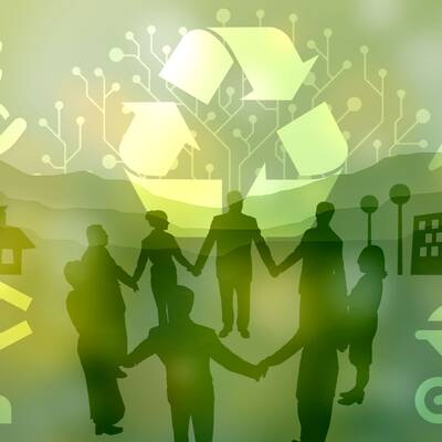Tecknad bild med återvinningssymbol och människor som håller hand