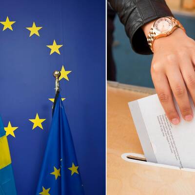 Bild på Sveriges och EU:s flagga och bild på hand som stoppar valkuvert i låda.