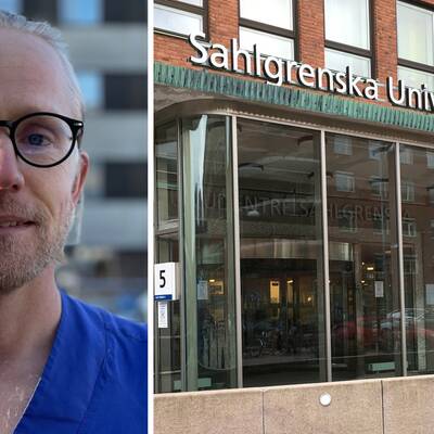 En man i läkarkläder och en bild på Sahlgrenska universitetsjukhus.