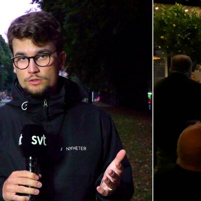 Tvådelad bild. Bild på reporter Stefan som står ute i en park. Översikt över en valvaka från natten.