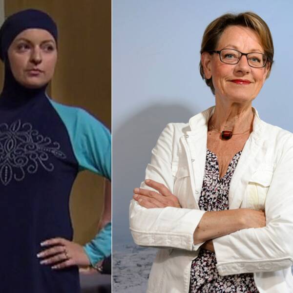 Modell i burkini. Burkinin hyrde SVT Opinion på Åbybadet i Mölndal, där godkända badkläder för kvinnor är: baddräkt, bikini eller burkini. De har burkini att hyra i olika storlekar, modellen på bilden bär strl medium. Till höger partiledare Gudrun Schyman FI: ”Den ständiga diskussionen om just kvinnors kläder visar att den patriarkala strukturen, runt om i hela världen, inklusive Europa och Frankrike, fortfarande är stark.”