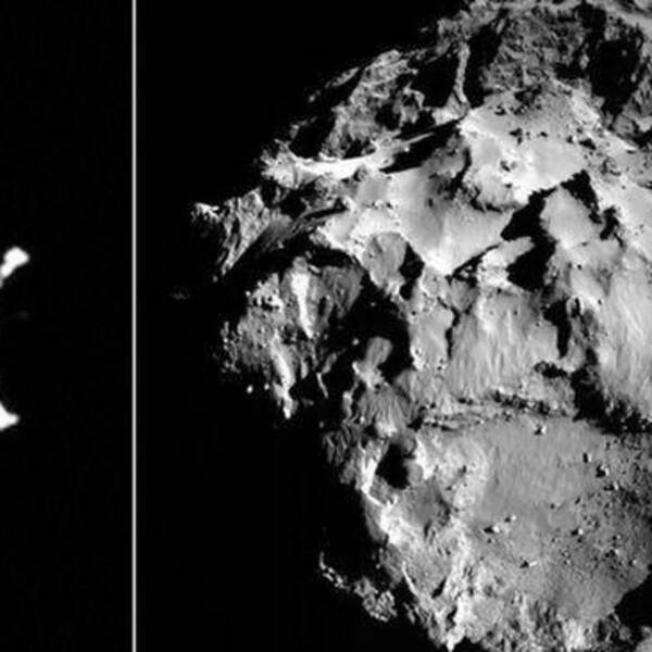 Rymdsonden Rosetta och en bild på kometen 67P Tjurjumov-Gerasimenko.