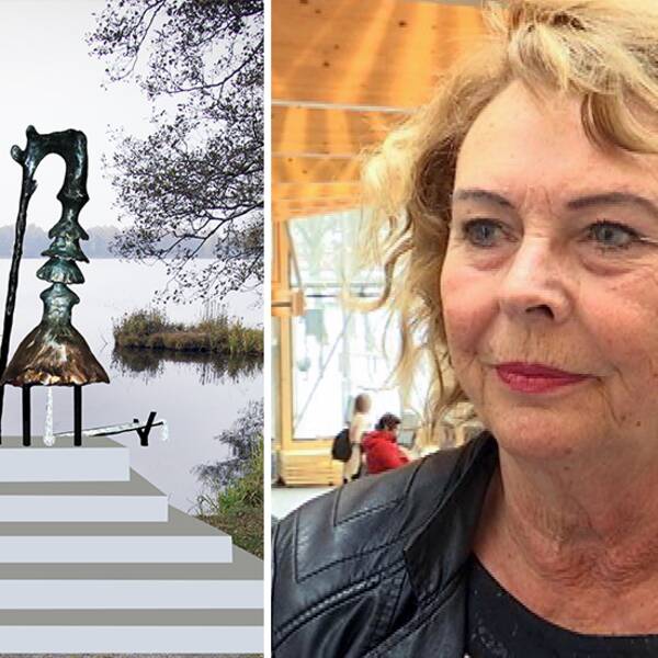 Statyn Pissed Elin vid Växjösjön och Eva Johansson (C).