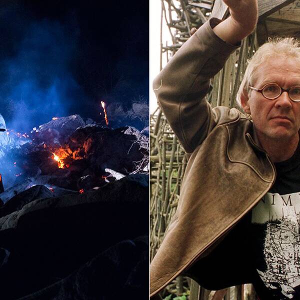 Lars Vilks konstverk Nimis brann natten till fredag, 25 november 2016. Till höger konstnären Lars Vilks.