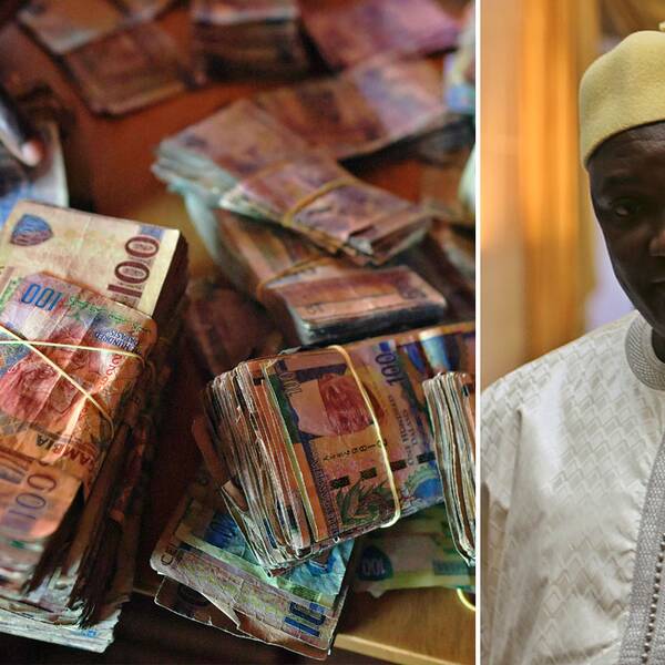 Gambiska valutan dalasi i sedlar, och president Adama Barrow.