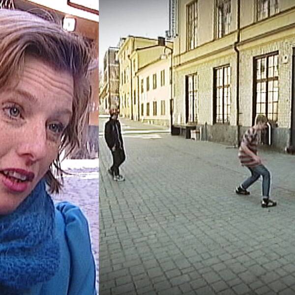 Ulrika Åkerlund, Boverket, och elever från Kunskapsskolan i Norrköping som spelar boll på sin obefintliga skolgård.