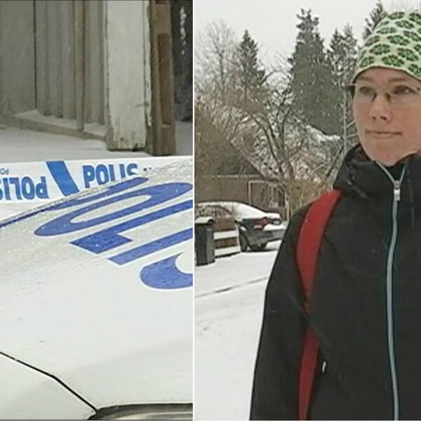 Delad bild, polisbil och kvinna på snöig väg
