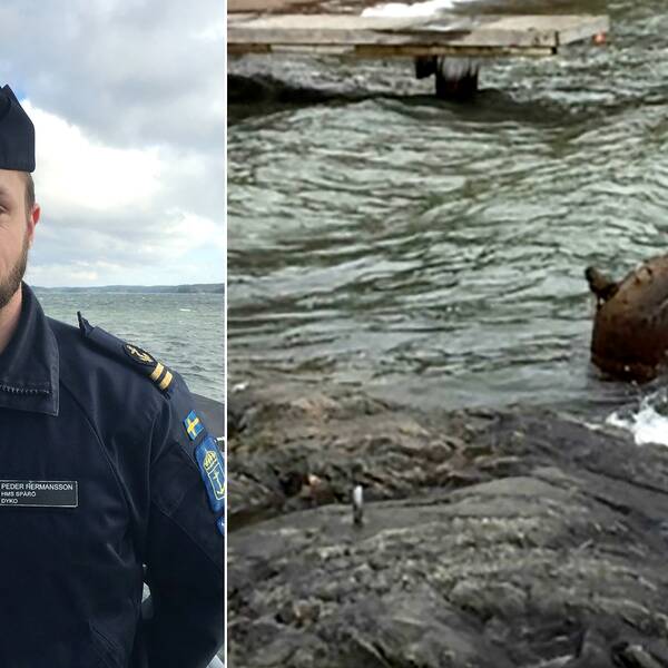 Bild på Peder Hermansson dykeri officer. bild till vänster: minan som ligger och flyter intill en klippa.