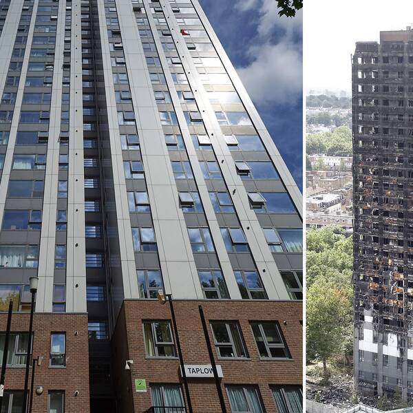 Chalcots estate i Camden i norra London (vänster) evakueras efter dödsbranden i Grenfell Tower (höger).