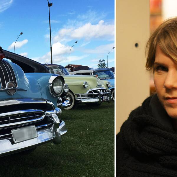 Två bilder: Till vänster veteranbilar på rad, till höger en bild på Annelie Johansson.