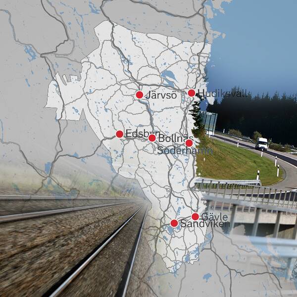 Karta över gävleborg med infällda bilder på väg och järnvägar