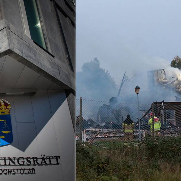 Montage av bilder, Örebro tingsrätt och en bild på moskén i Vivalla efter att den brunnit. 