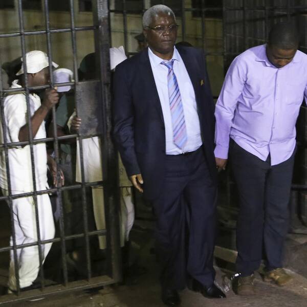 Zimbabwes fd finansminister Ignatius Chombo (mitten) och Kudzanai Chipanga (höger), tidigare ledare för Zanu-PF:s ungdomsförbund, under lördagens gripande.
