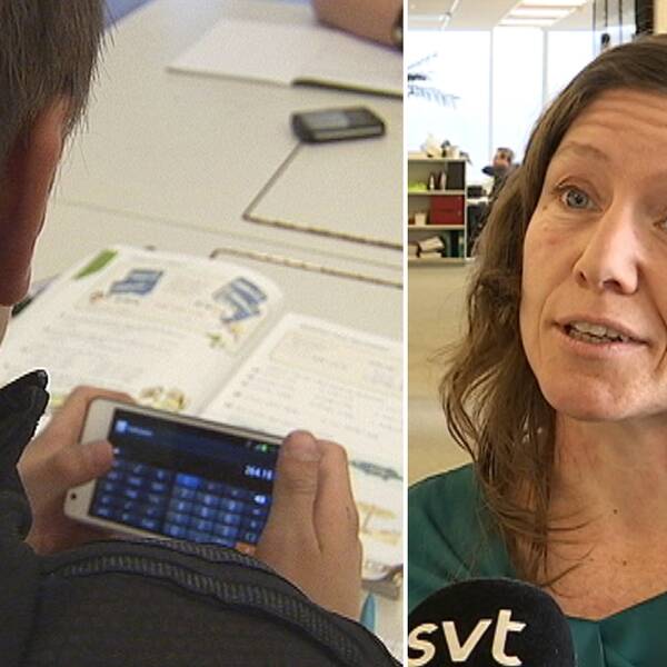 detaljbild pojke vid skolbänk tittar på miniräknare, och bild på kvinna som intervjuas