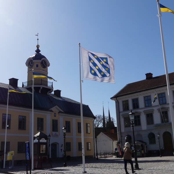 torg rådhustorget söderköping gamla stadhuset (?) flagga kommunens vapen logga