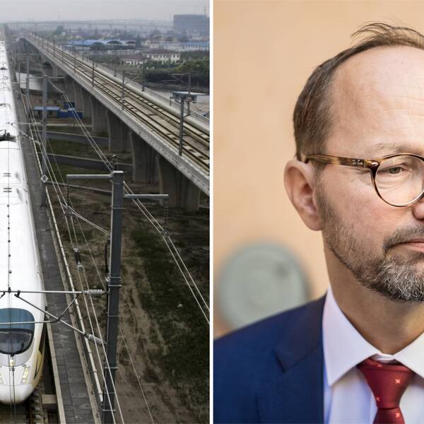 Ett vitt höghastighetståg står stilla på ett tågspår samt bild på Tomas Eneroth (S), infrastrukturminister.