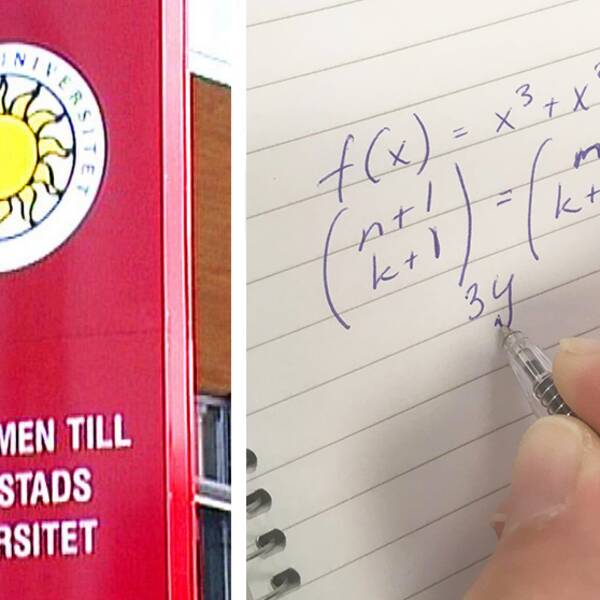 Till vänster syns en röd skylt med Karlstads universitets logga på. Under den står det Välkommen till Karlstads universitet. Till höger i bild syns ett anteckningsblock där en hand skriver en komplicerad algebraisk matteuppgift.