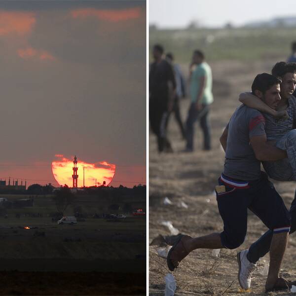 Solnedgång längs gränsen mellan Gazaremsan och Israel. Ambulanser och brinnande däck syns på bilden. Samt bild på två män som bär på en skadad man.