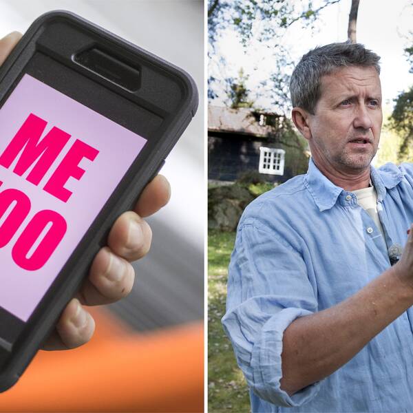 Bild på mobil där det står Me Too samt bild på Martin Timell när han snickrar. 