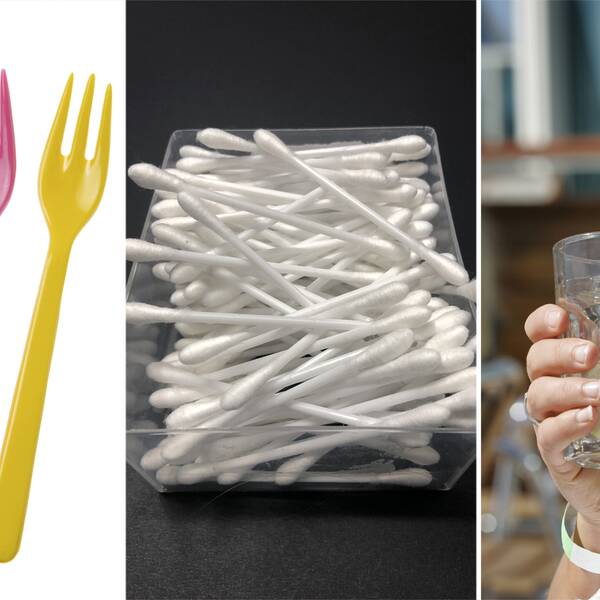 Plastgafflar i varierande färger, bomullstops i plastlåda, kvinna som dricker ur ett sugrör.
