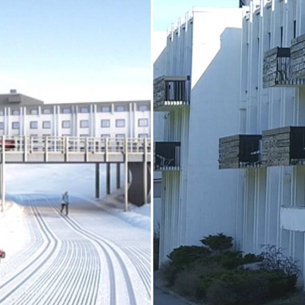 dubbelbild: skidåkare i skidspår under vägbro med hotell i bakgrunden, hotellfasad med nya balkonger
