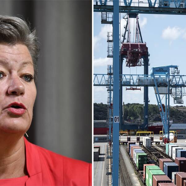 Arbetsmarknadsminister Ylva Johansson och hamnen i Göteborg.