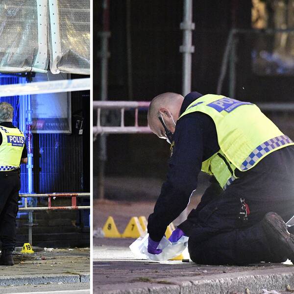 Polisens tekniker på plats vid det kaféet i Malmö, där skottlossningen ägde rum på måndagskvällen.