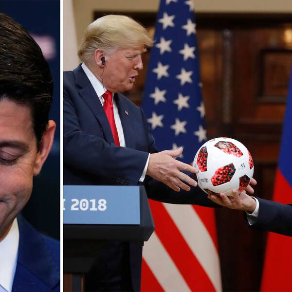 Paul Ryan, Trump får en fotboll av Putin i Helsingfors.