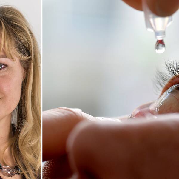 Halva bilden på reporter Josefin Lennen Merckx och halva bilden på en person som använder ögondroppar
