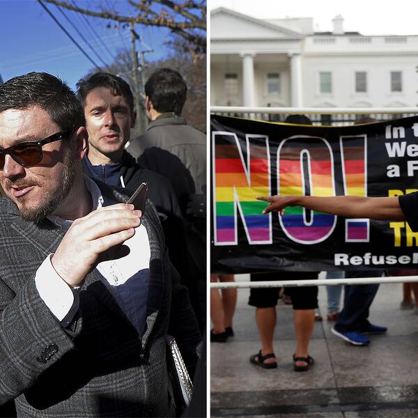 Foto på Jason Keller och foto på motdemonstranter utanför Washington DC dagen innan demostrationen