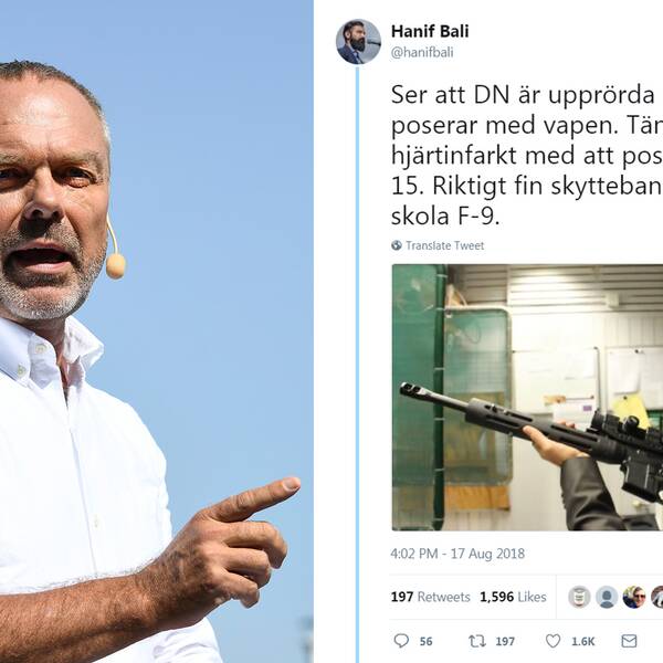 AR-15 är ett vapen som är vanligt förekommande i skolskjutningar i USA. Bilden på Jan Björklund är från partiledarens sommartal i år.