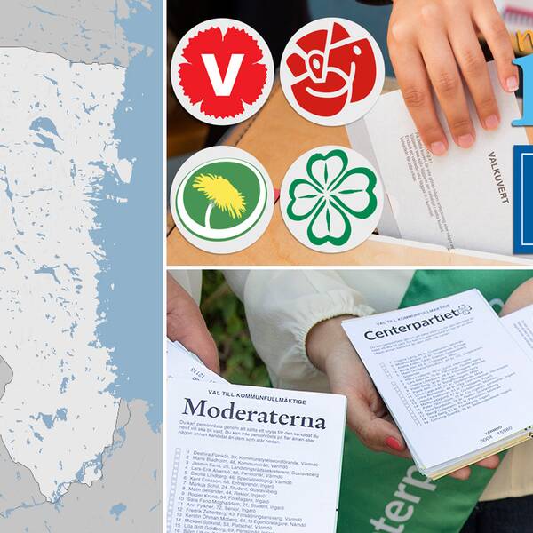 grafik länskarta, partilogotyper, samt händer som visar fram valsedlar