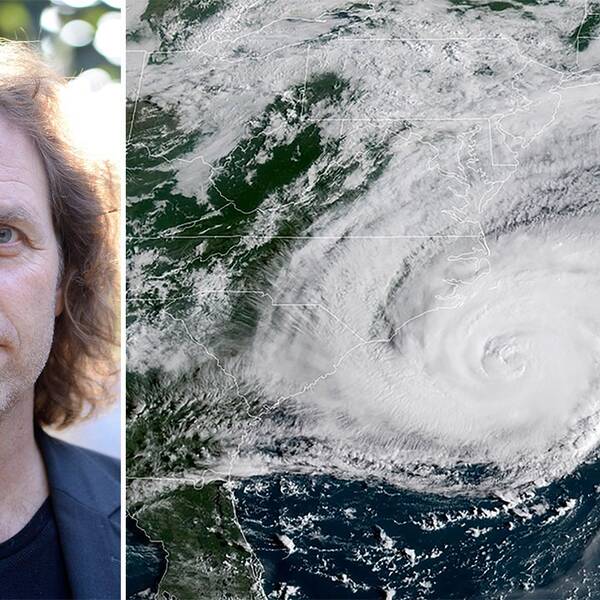 Pär Holmgren och en satellitbild över orkanen Florence.