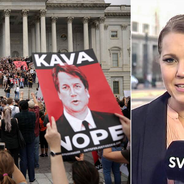 Massiva protester mötte senatorerna när de skulle rösta om Brett Kavanaugh (t.h) på lördagskvällen svensk tid.