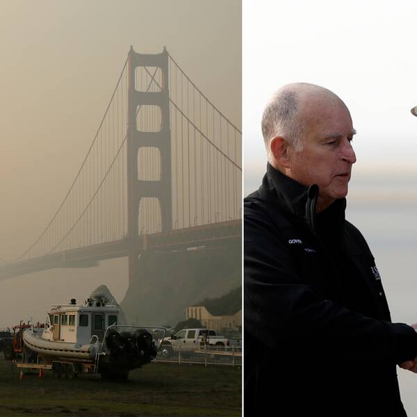 Till höger Donald Trump som skakar hand med Kaliforniens guvernör Jerry Brown efter att ha stigit av planet under lördagen.Till vänster Golden Gate-bron i röken från bränderna.