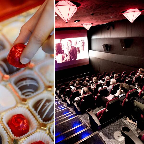 Chokladpraliner i en chokladask och beskare i en salong på biografen Rigoletto i Stockholm