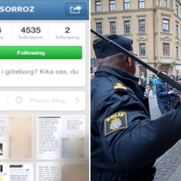 Instagramupploppet i Göteborg. Polis med batong, skärmdump från Instagram.