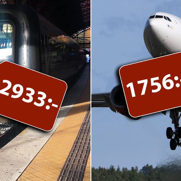 Ett tåg och ett flygplan, med grafiska prislappar på dem som visar vad resorna kostade. 2 933 kronor för tåget och 1 756 kronor för flyget.