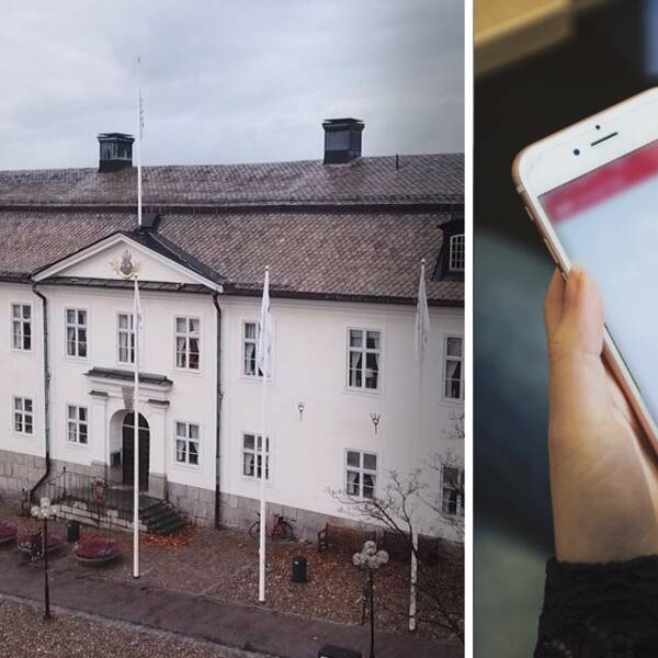 vy över kommunhuset i Falun, samt närbild på händer som håller mobiltelefon